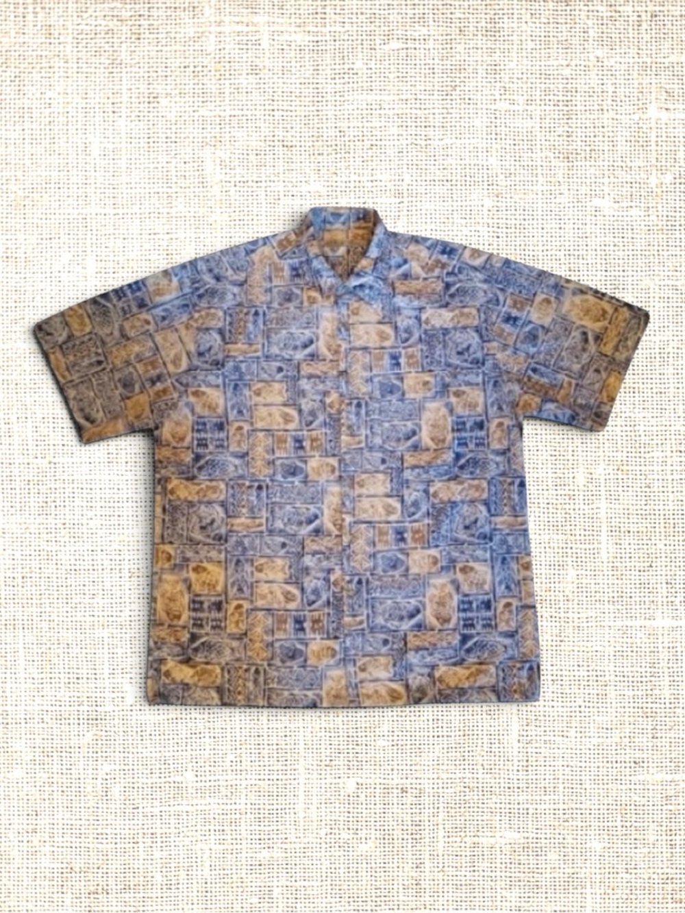 Vintage Batik Bay Hawaiian Shirt Blue Tan Fish Tribal Block 100% Cotton 90s M